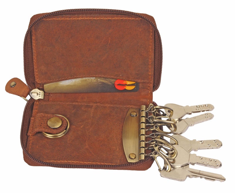 RUSTIC TOWN Leather Key Case Holder - Zippered Key Organizer Wallet with 8 Hooks for Keys, Cash, and Card - Gift for Men and Women (Brown) - Image 1
